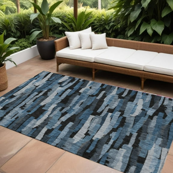 HomeRoots 603220 10 x 14 ft. Blue, Black & Gray Striped Washable Indoor & Outdoor Rectangle Area Rug
