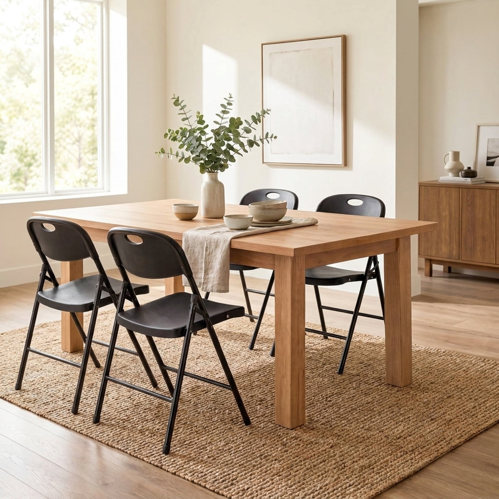 Furnibear Set of 4 Foldable Plastic Chairs with Ergonomic Backrest for Kitchen Dining Room Living Room Home, Black