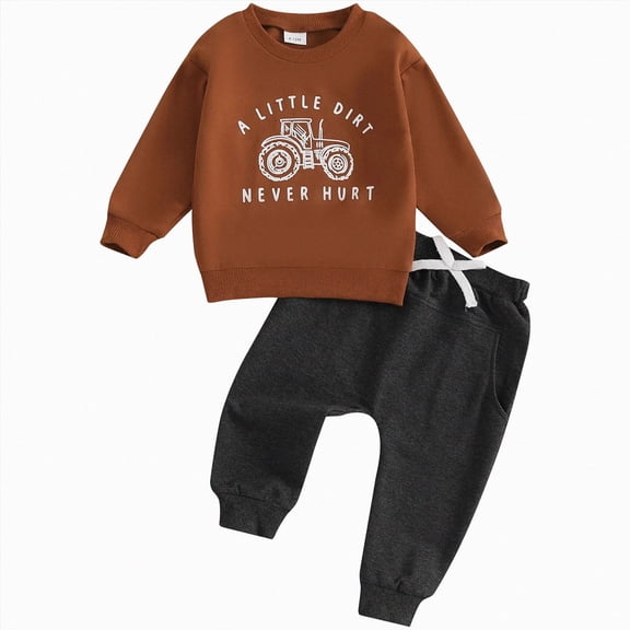 NOLDARES Infant Toddler Baby Boy Clothes 2pcs Long Sleeve Sweatshirt Tops T-Shirt Pocket Joggers Pants Cartoon Graphic Outfits Clothing Set(Brown,2-3 Y)