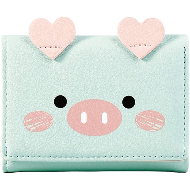 cartera para mujer y niña, diseño de cerdo bonito, billetera triple, monedero de cuero pu, billetera pequeña delgada, tarjetero triple de dibujos animados vista frontal de billetera compacta en cuero PU menta con solapa y cierre a presión; estampado de trompa rosa, ojos negros, mejillas rosas y orejas 3D en forma de corazón. Interior con 7 ranuras para tarjetas, compartimento para billetes y ventana de identificación; adecuada como tarjetero o regalo.