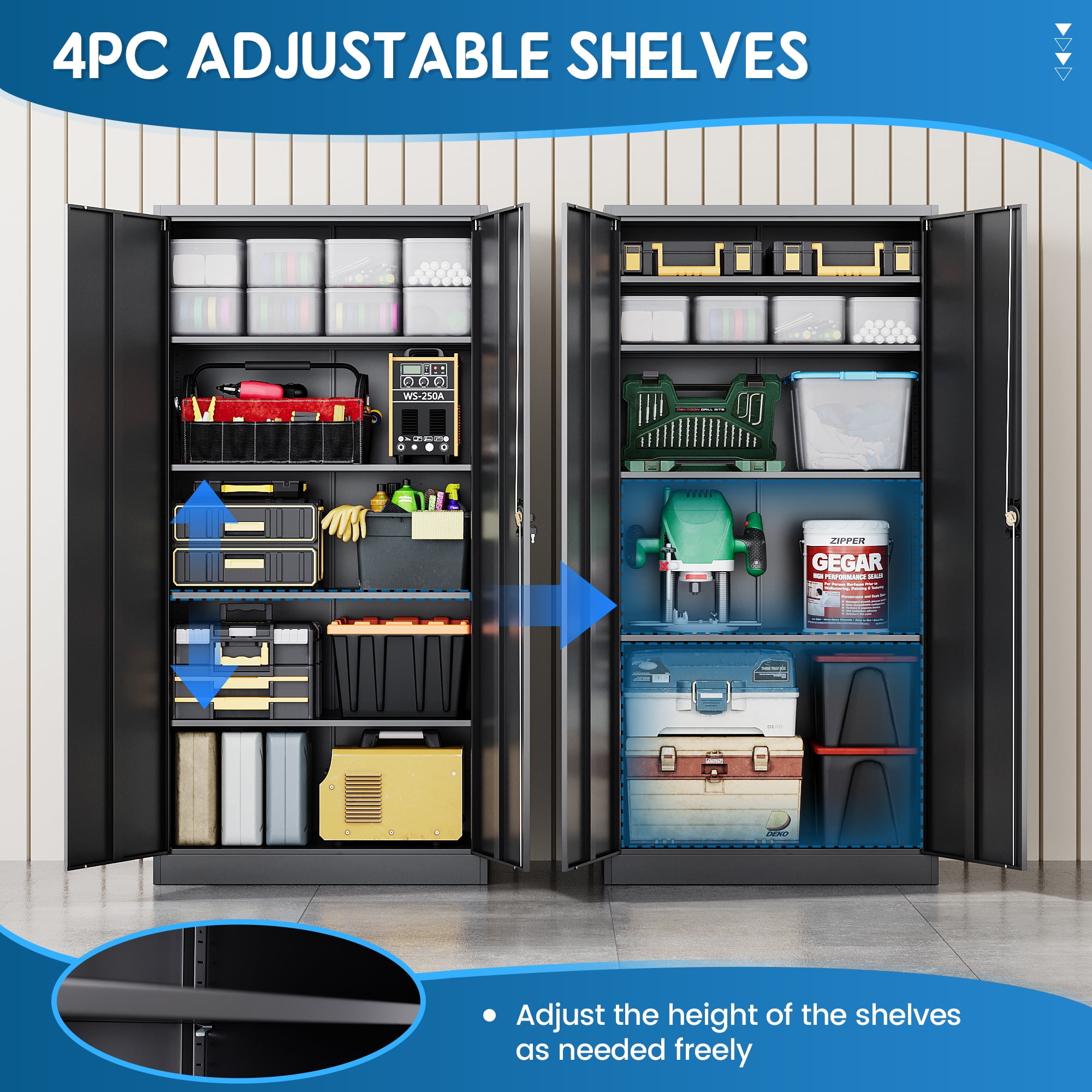 Fesbos Metal Storage Cabinet with Locking Doors, Black Garage Lockable Steel Cabinets with 2 Doors and 4 Shelves for Home, Garage, Pantry Workshop Warehouse
