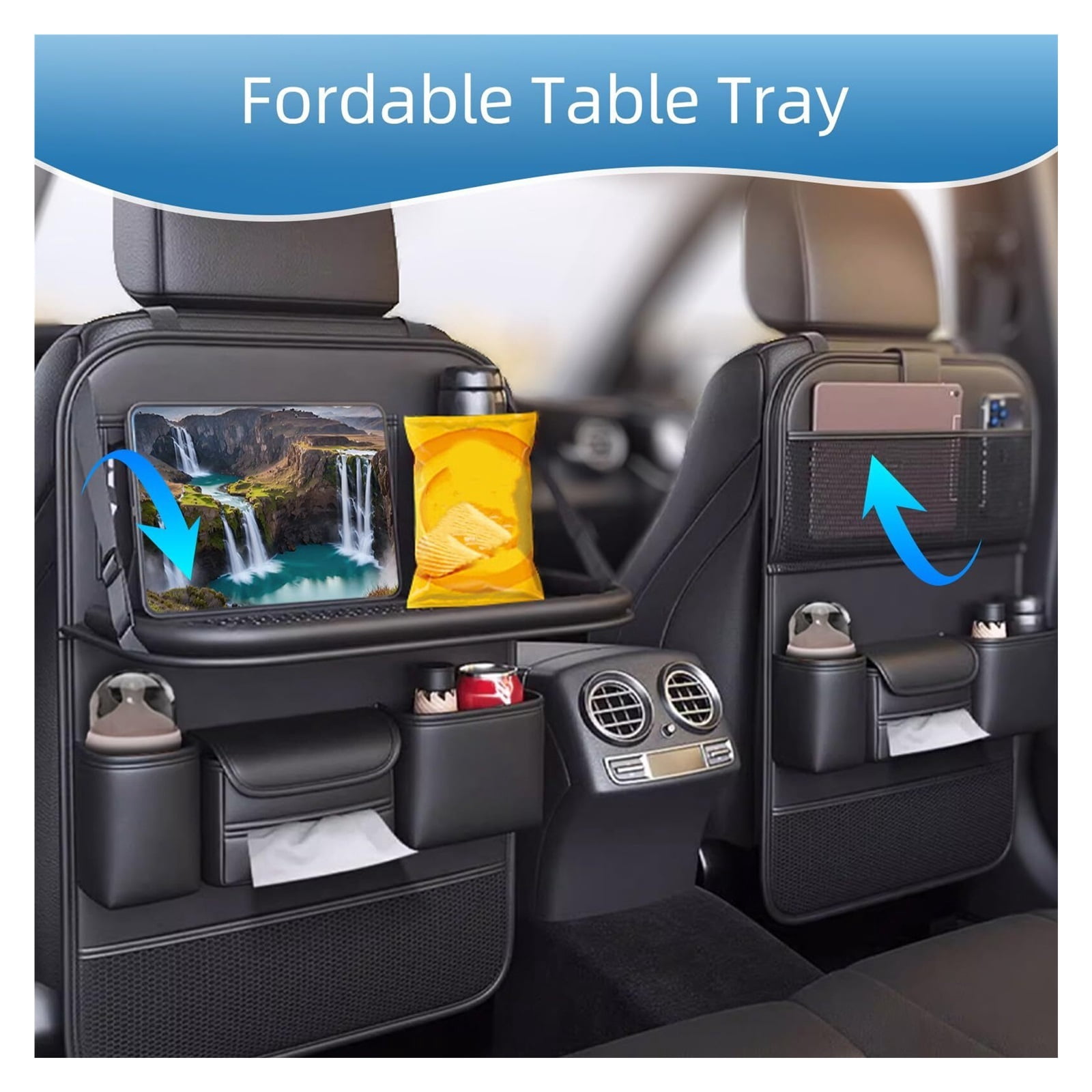 GUANGHUI Leather Car Backseat Organizer with Foldable Table Tray, Car Seat Back Protectors Kick Mats, Foldable Car Seat Organizer with Tablet Holder