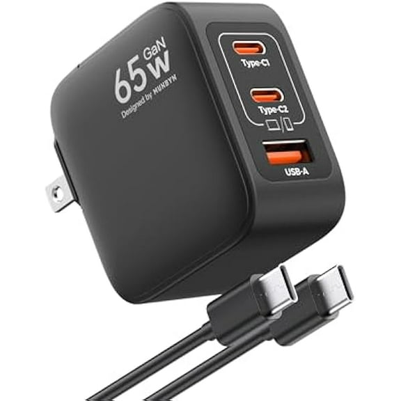 YJJSKEJI NexGo 65W USB C Charger, 3-Port GaN Foldable USB C Charger Block, Compatible with iPhone 16/15, MacBook Pro/Air, iPad, Galaxy S24 and More Series