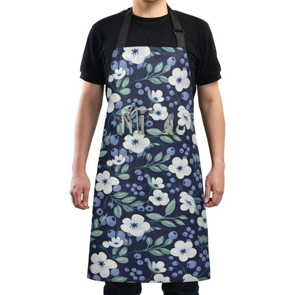 Blueberries and Flower Kitchen Apron with 2 Pockets Adjustable waterproof Cooking Aprons for Women Men Chef