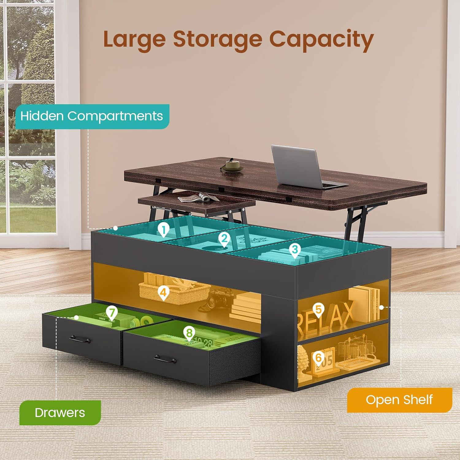 40" Farmhouse Lift Top Coffee Table, 4 in 1 Multifunction Lift Coffee Tables with 2 Drawers, Open Shelves and Hidden Compartment, Center Table with Wooden Tabletop for Living Room, Black & Brown Top