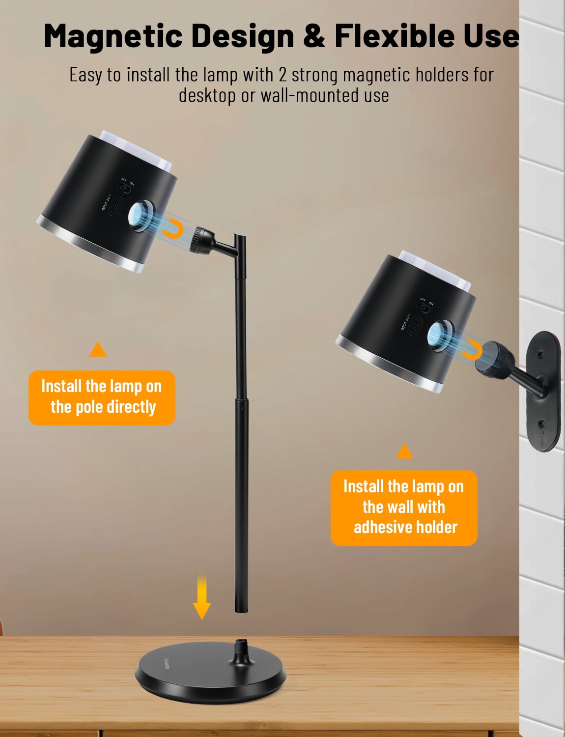 SUNLINKCO LED Desk Lamp, Magnetic Wall Mount LED Lights, 4-in-1 Rechargeable Night Light, USB Battery Powered Dimmable Cordless Table Lamp with 3 Color Modes, Reading Lighting for Bedroom, Work