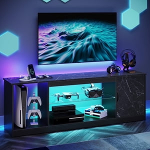 Bestier 65" TV Stand with LED Lights and Power Outlets, Black Marble