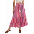 thumbnail image 2 of Women'S Color Block Skirt Elastic Waist Bohemian Patchwork Midi Skirt Casual Summer Maxi Rose Red XL, 2 of 9