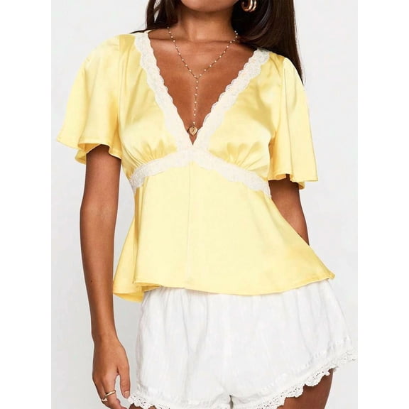 Women Satin V‑Neck Peplum Blouse, Lace‑Patchwork Short‑Sleeve Summer Casual Tops