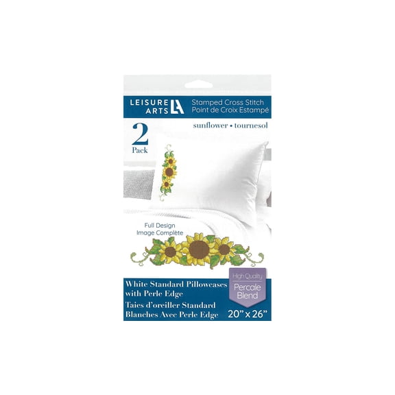 Leisure Arts Pillowcase 20"X26" Sunflower 2Pc, Embroidery Pillow Kit, Stamped Embroidery Pillowcases, Pillow Cases Stamped, Stamped Cross Stitch Cases