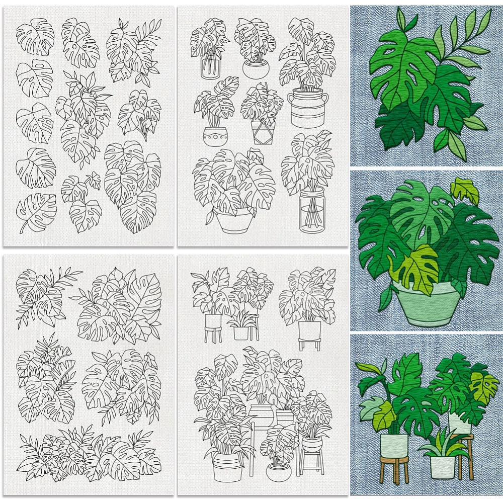 26Pcs Monstera Deliciosa Water Soluble Hand Sewing Stabilizers 8.3"x11.7" Potted Plant Embroidery Pattern Stabilizer 4 Sheets Leaves Stick