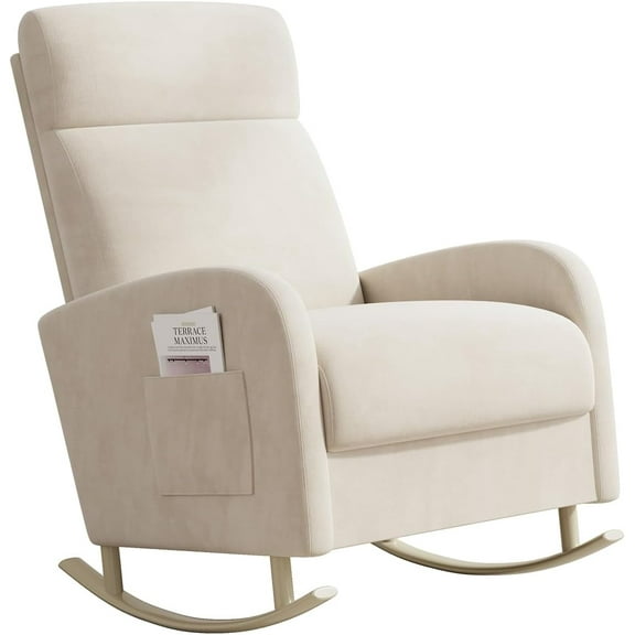 Rocking Chair Nursery, Upholstered Glider Chair with Side Pocket, Modern Nursery Chair with High Backrest and Rubber Wood Legs, Accent Armchair for Living Room Bedroom Indoor (Beige Velvet)