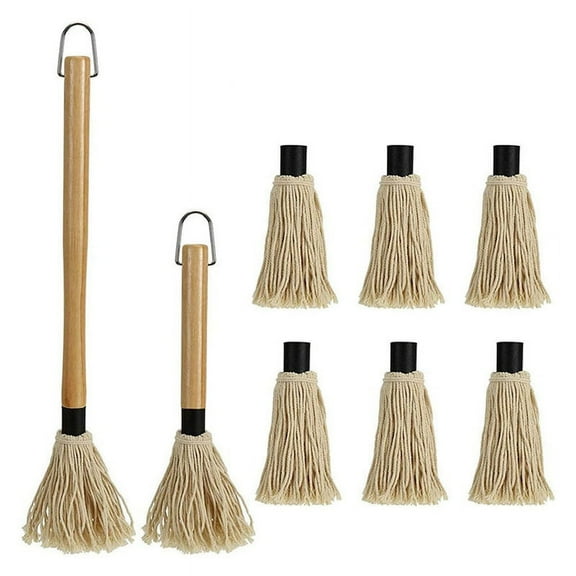 2 Pack Grilling Basting Mop, BBQ Sauce Basting Mops & Brushes with Wooden Long Handle and 6 Extra Replacements