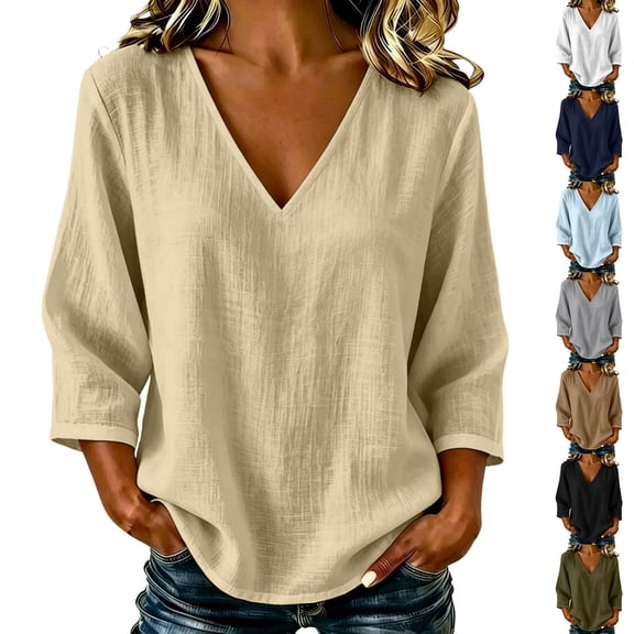 yoeyez Womens 3/4 Sleeve Length Tops Cotton Gauze V Neck Tshirts Casual Loose Fit Classic Tunic Tee Fall Fashion 2026 Going Out Top Coffee,XL