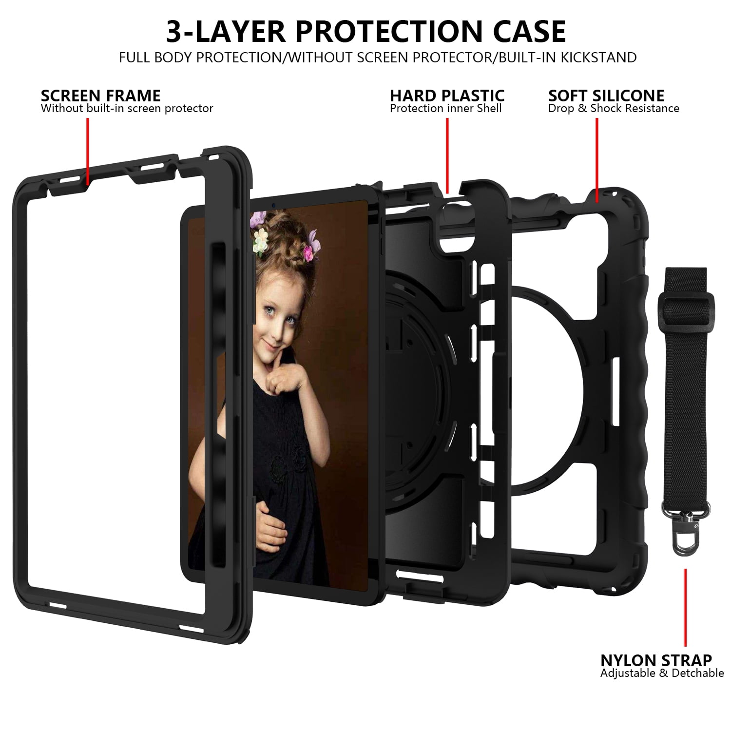 Allytech iPad Air 5 4 10.9 Case 2022/2020, Heavy Duty Shockproof Kids Case with Pencil Holder Hand Strap Kickstand Shoulder Strap for Apple iPad Air 5th 4th Generation 10.9 Inch -Black