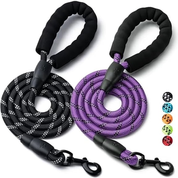 Eryueer 2 Pack Dog Leash, 4/5//6 FT Heavy Duty Nylon Rope Pet Leashes with Comfortable Padded Handle, Reflective Dog Leashes for Small Medium and Large Dogs (5FT-3/8,Black/Purple)