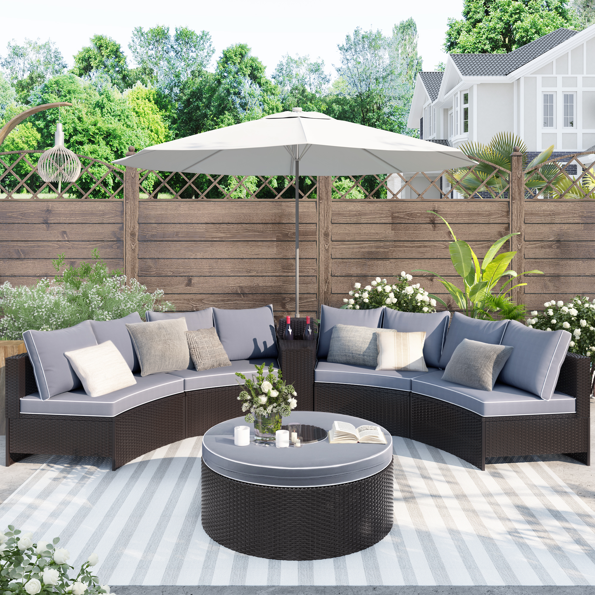 6-Pieces Outdoor PE Wicker Conversation Furniture Set Sectional Half Round Patio Rattan Sofa Set with Storage Side Table for Umbrella and Round Coffee Table, Gray Cushions + Brown Wicker - image 2 of 8