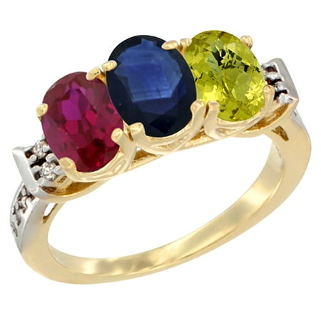 14K Yellow Gold Enhanced Ruby, Natural Blue Sapphire & Lemon Quartz Ring 3-Stone Oval 7x5 mm Diamond Accent, sizes 5 - (Best Yellow Sapphire In The World)