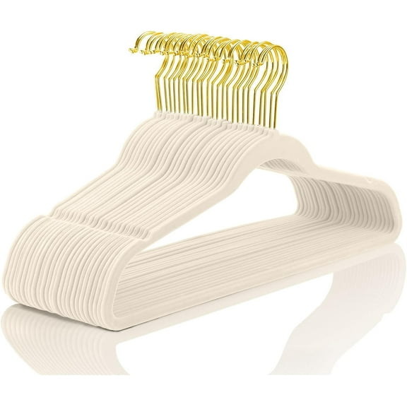 Premium Velvet Hangers Pack 60 Pcs Heavyduty - Non Slip Slimline - Velvet Suit Hanger Ivory - Gold Hooks,Space Saving Clothes Hanger