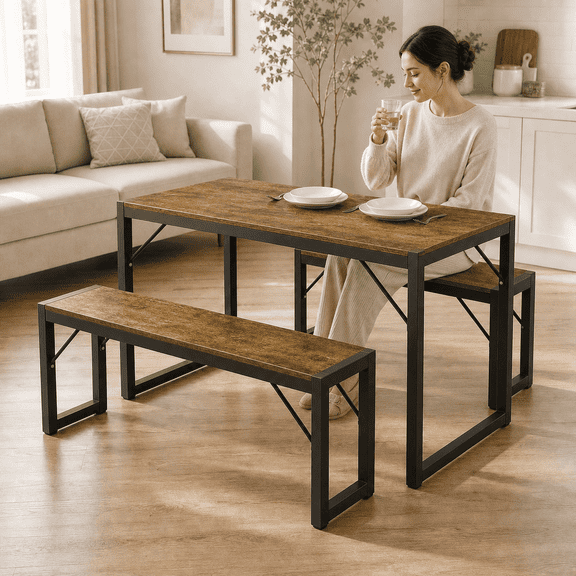 Aiho 3-Piece Dining Table Set for 4, 45.5-Inch Kitchen Table and 2 Benches, Space-Saving Metal Frame Dinette Set, Rustic Brown