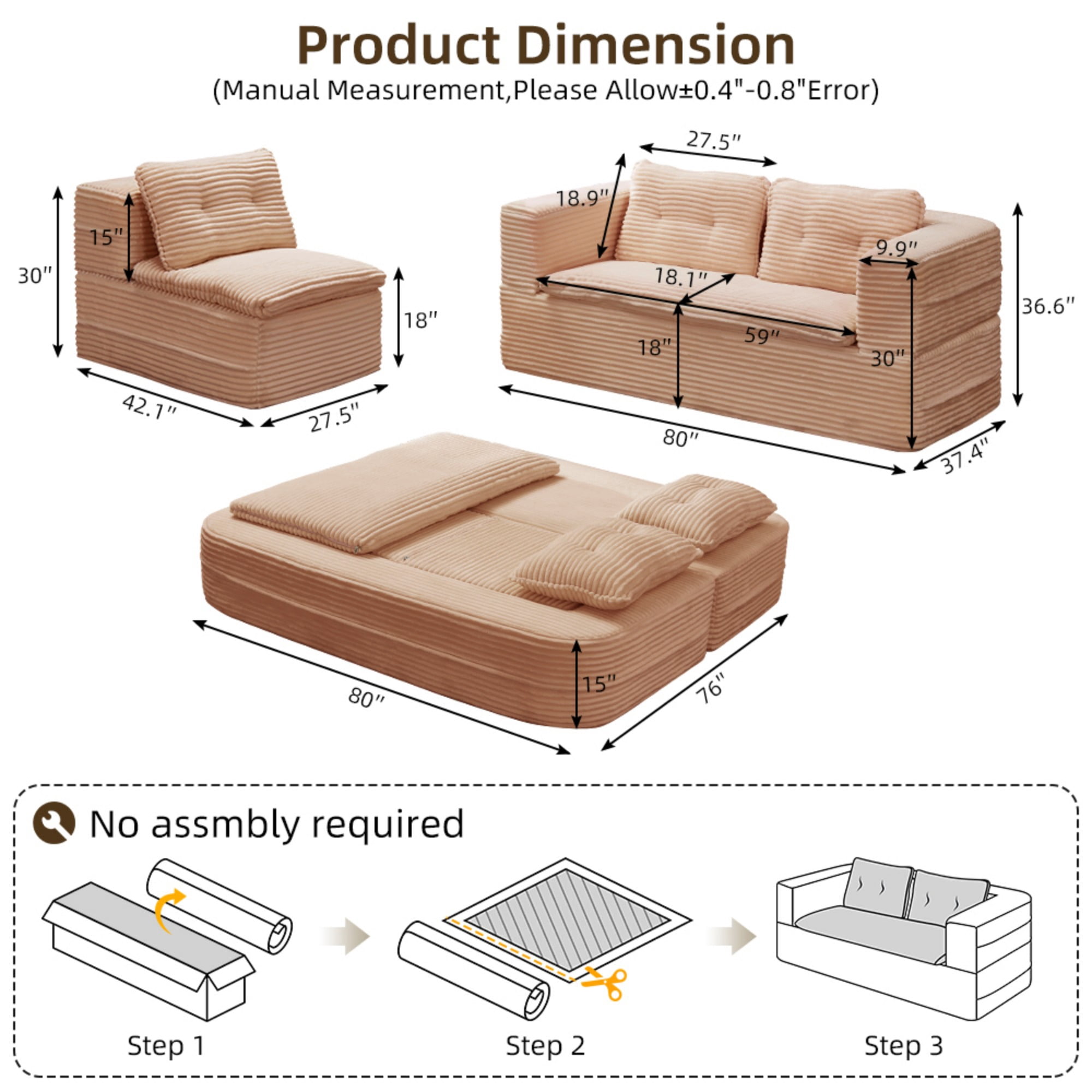 80" King Size Convertible Sleeper Sofa Bed with Independent Chaise Lounge,Multifunctional Plush Corduroy Sectional Sofa Couch for Living Room,Bedroom,Pink