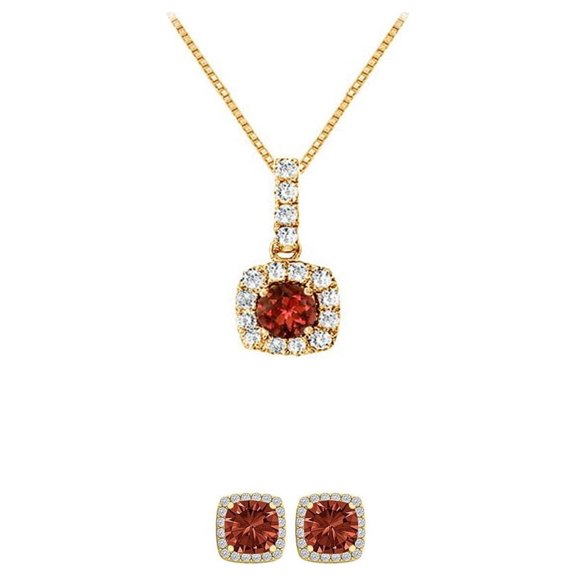 Paris Jewelry 18K Yellow Gold 1ct Halo Garnet Square 18 Inch Necklace and Halo Earrings Set Plated