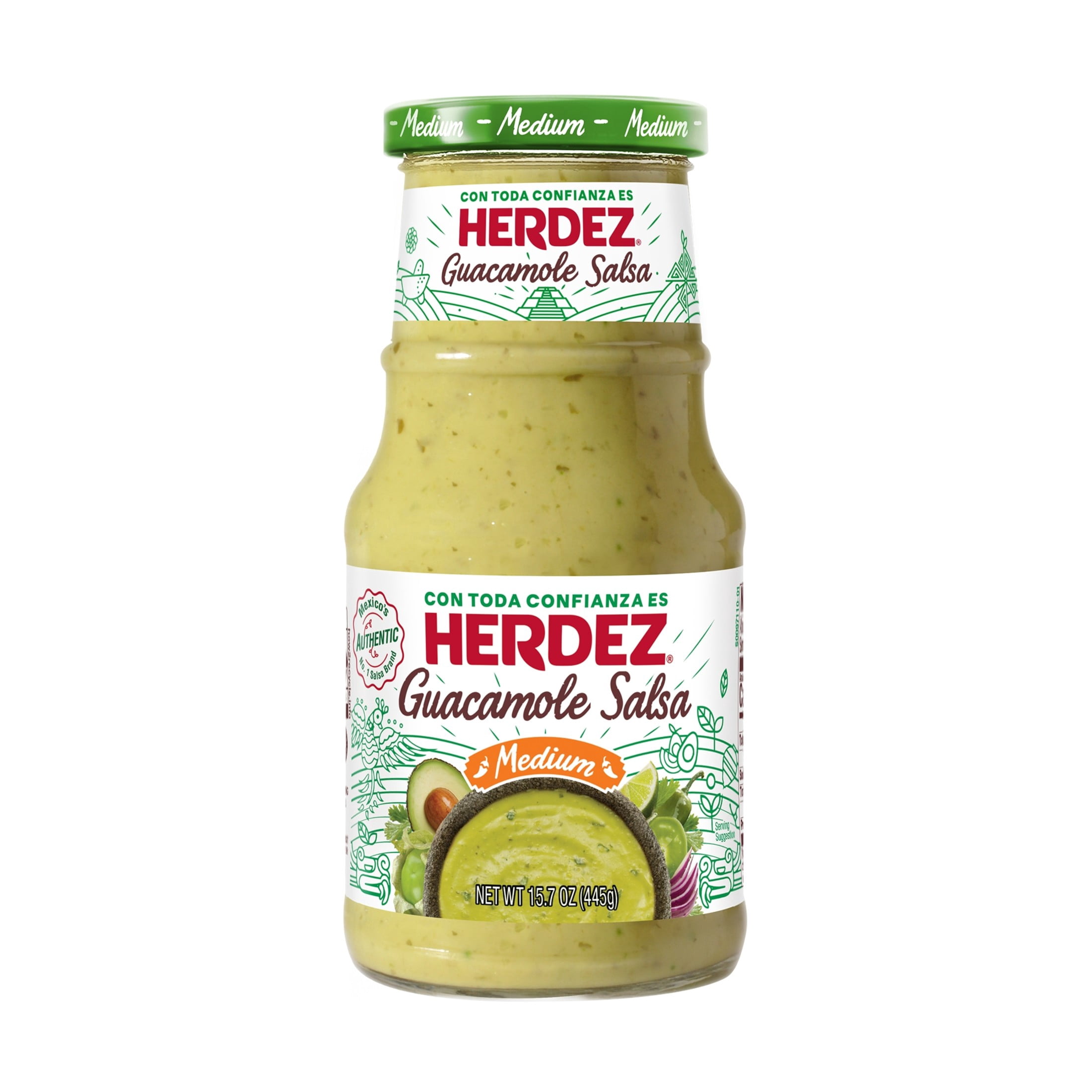 (12 pack) HERDEZ Guacamole Salsa Medium, Tortilla Chip Dip, Shelf Stable, 15.7 oz Glass Jar