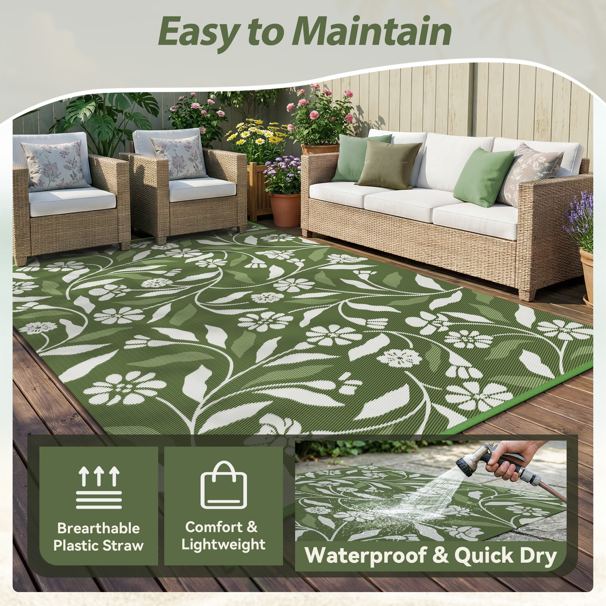 SIXHOME Outdoor Rug 5'x8' Waterproof Reversible Patio Rug Boho Geometric Indoor Outdoor Rugs Lightweight Plastic Straw Ourdoor Carpet for RV Camping Deck Balcony Modern Porch Decor Green
