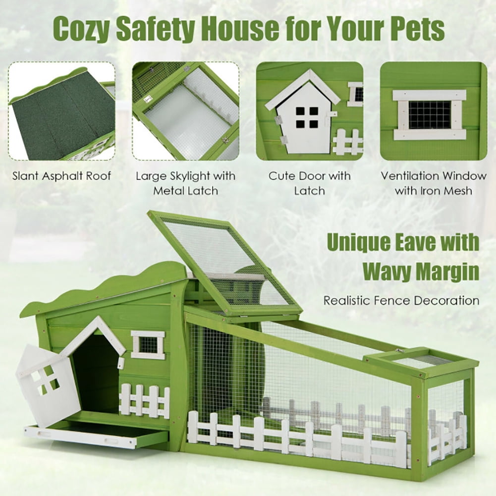 62 Inch Wooden Rabbit Hutch with Pull Out Tray-Green, Rabbit Hutch for Cats, Rabbits, Bunnies, Guinea Pigs