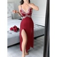 thumbnail image 4 of Womens Fashion 2026 Long Satin Nightgowns for Women Blue High Slit Dress 2 Pieces Deep V Sexy Elegant Lace Cami Maxi Dress with Panty, 4 of 6
