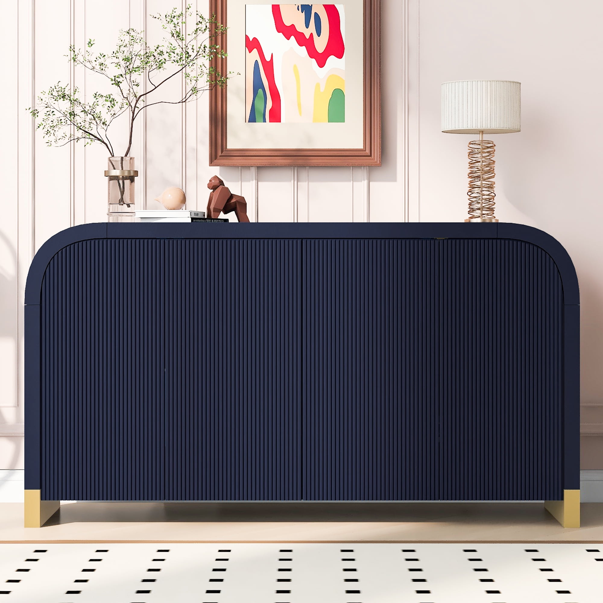 MAYEERTY 4-Door Cabinet Wavy Door Panel Curved Corner Adjustable Shelves for Study & Living Room & Entrance，Navy Blue
