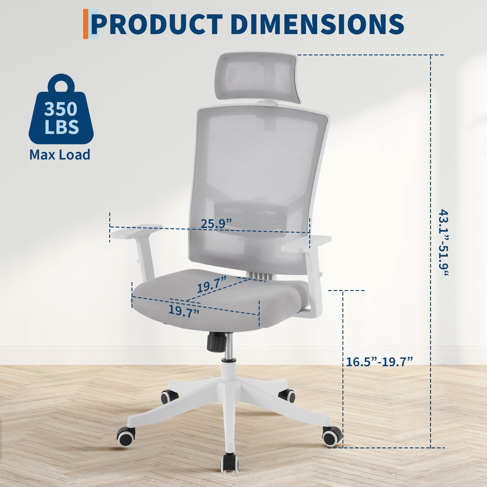 Ergonomic Office Chair with Adjustable Lumbar & Headrest, Adjustable Mesh Desk Chair with Lumbar Support, High Back Swivel Computer Chair with Armrests, Comfortable Desk Chair for Gaming, Studying