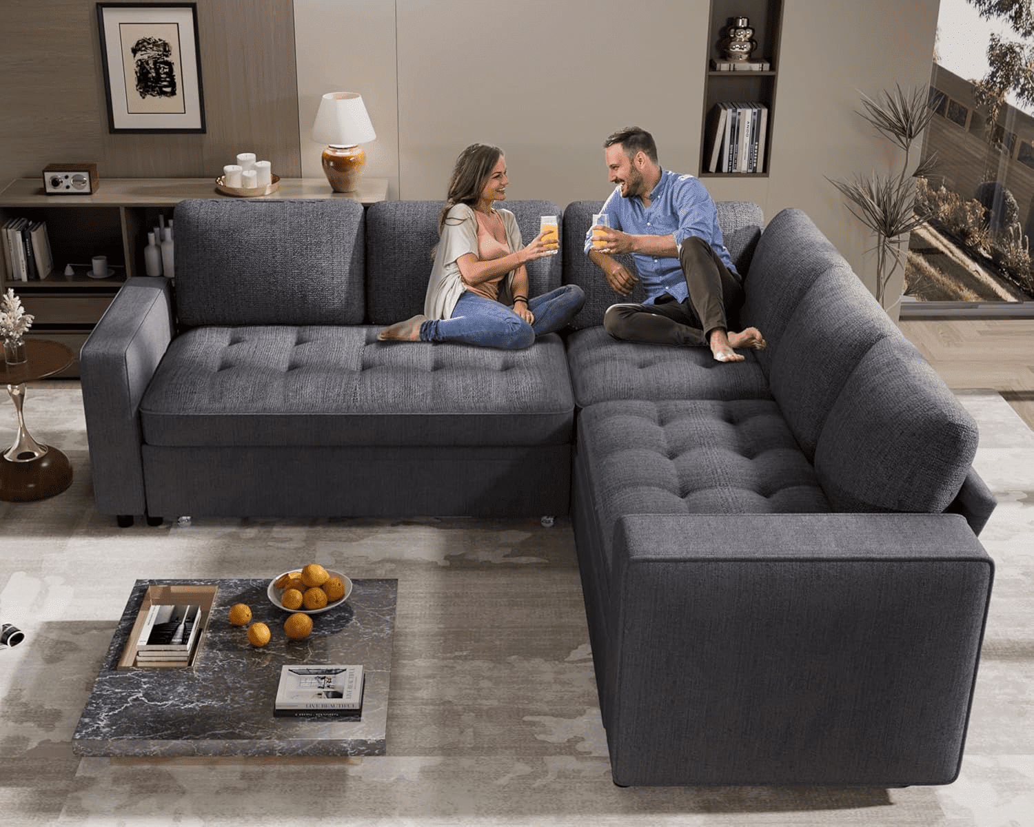 Convertible L-Shaped Sleeper Sofa Bed for Living Room with Pullout Bed, Adjustable Backrest, USB Port and Storage Seat
