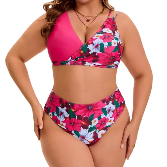 Agnes Orinda Women's Plus Size 2 Piece Bikini Sets Swimsuits Floral High Waisted Push Up Printed Beach Vacation Pool Party Bathing Suit 1X Rose Red