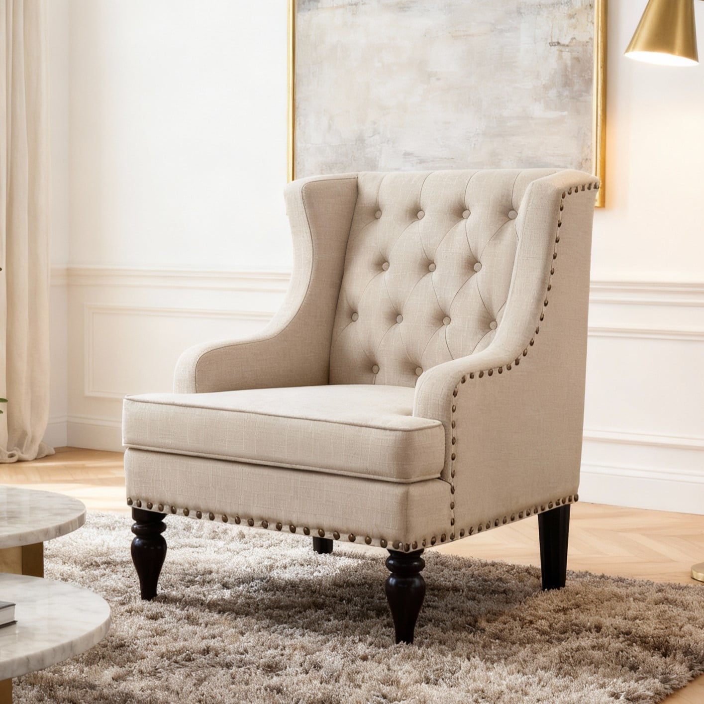Gewnee Linen Accent Chair/Armchair with Solid Rubberwood Legs - Beige, Suitable for Living Room & Balcony