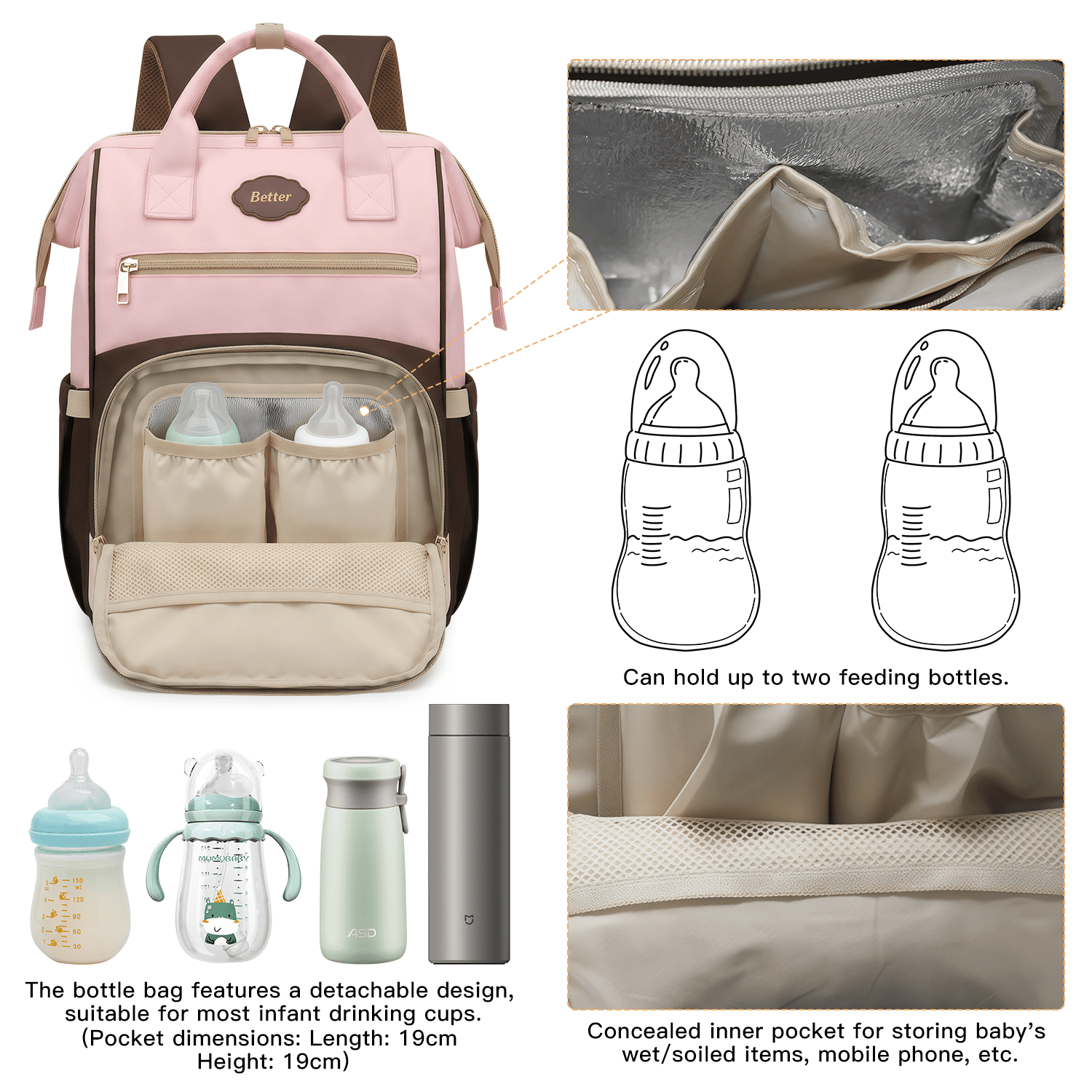 Diaper Bag Backpack - Large Travel Baby Bag with Changing Pad, Waterproof, Pacifier Case, Luggage Strap & Stroller Clips (Pink)