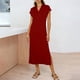 thumbnail image 5 of TaTaai Women's Short Sleeve Midi Dress Solid Color Lapel Collar Casual Dress with Side Slit Lightweight Stretchy Polyester Blend Gift, 5 of 7