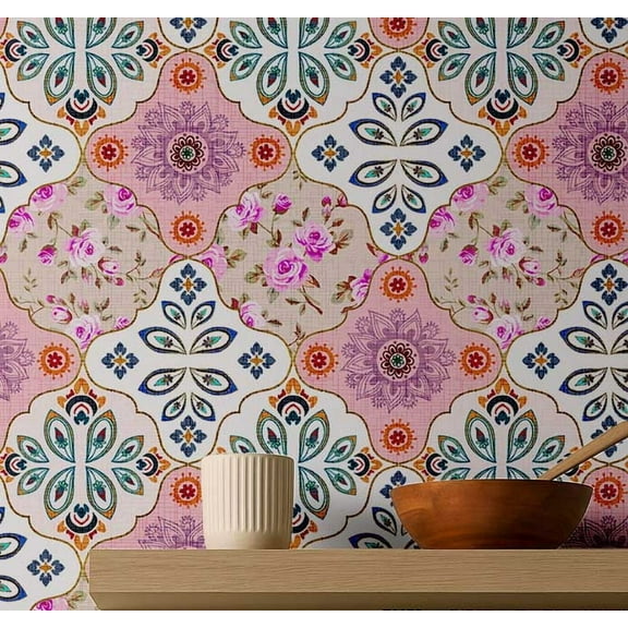 S4sassy Self Adhesive Wallpaper, Geometric Wallpaper, Pink Removable DIY Vinyl Tile Pattern Wall Covering, Textured Peel and Stick Contact Paper for Entryway Walls, Kitchen Backsplash (25"x120" inch)