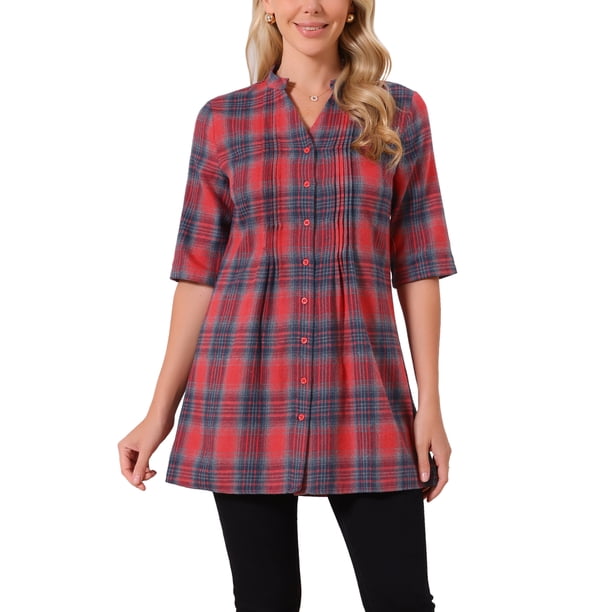 CAMISA DE BOTONES DE CUADROS VINTAGE PARA MUJERES INSPIRE CHIC, CON ESCOTE EN V Y MANGAS 3/4, TUNICA CASUAL DE NAVIDAD, TOP M ROJO