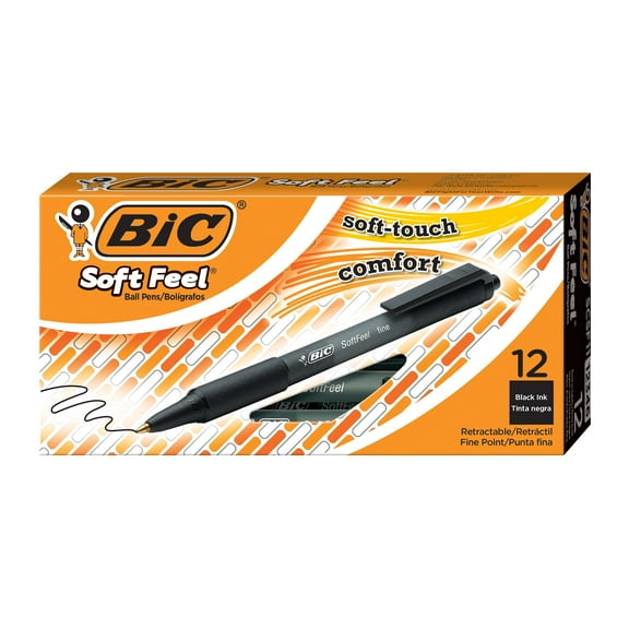 BIC Soft Feel Black Retractable Ballpoint Pens, Fine Point (0.8mm), 12-Count, Black