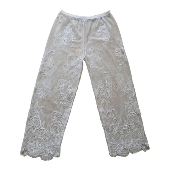 Huhudde Womens See Through Flower Lace Capris Leggings High Waist Sheer Mesh Cropped Pants Straight Leg Pettipants Half Slip