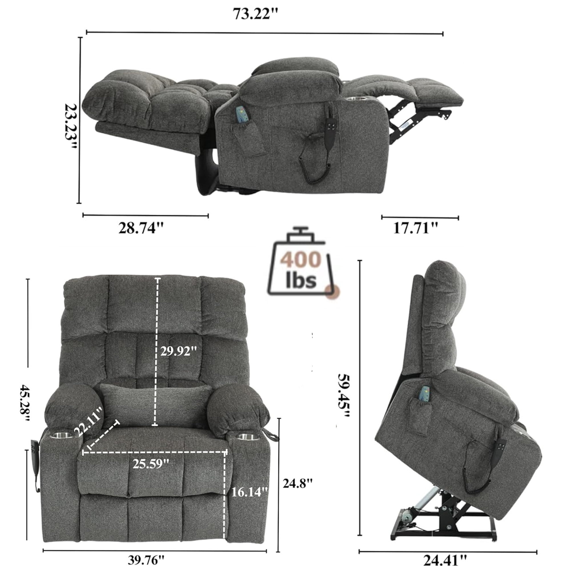 LITVZ Power Lift Recliner Chair with Massage and Heating for Elderly, Oversized Lay Flat Recliner, Big and Tall 350lbs, Dual Motors, 2 Cup Holders, Heavy Duty Lift Chair for Adults