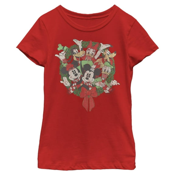 Girls Mickey & Friends Christmas Distressed Group Wreath T Shirt