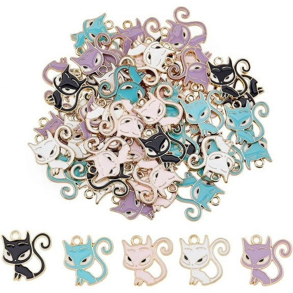 40Pcs 5 Colors Cat Charms Alloy Enamel Pendants Pet Feline Pendants Small Animals Charms Gold Plated Metal Charms for DIY Crafts Hole: 2mm