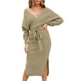 thumbnail image 2 of Women Knitted Long Sleeve Dress Womens Knit Sweater V Neck Wrap Knit Dresses Batwing Sleeve Sweater Dresses, 2 of 9