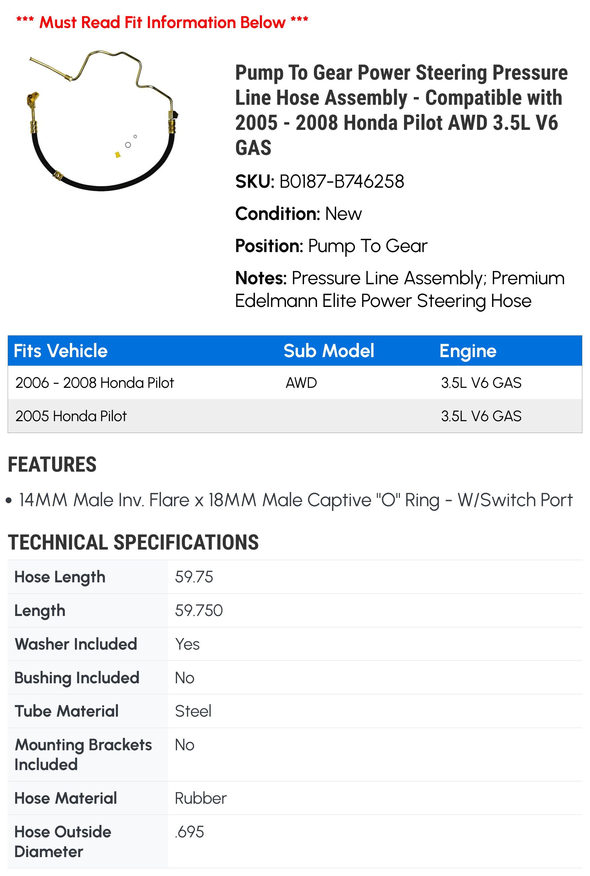 Power Steering Pressure Line Hose Assembly For 2005-2008 Honda Pilot AWD
