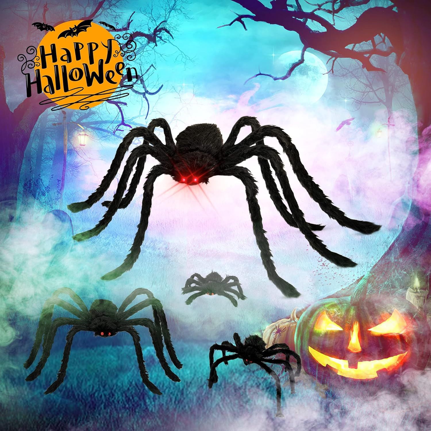 6 Pack Halloween Plush Spiders in Different Sizes for Outdoor and Indoor Decor