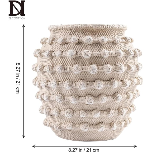 Beige Rustic Farmhouse Vase 8.2 Inch Textured Cement Boho Decor with Rope Knots for Living Room Table Centerpiece Shelf Mantel Decoration