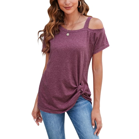 ALING Women's Short Sleeve Top Fashion One Shoulder Short Sleeve Twist Knot Summer Top Casual T Shirt Blouse-Sexy Leaky Shoulder Diagonal Collar Top,Black/ Gray/Burgundy