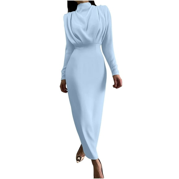 Women's Bodycon Maxi Evening Dress Solid Color Clearance Elegant Casual High Waist Long Sleeve Spring High Neck Trendy Light Blue M